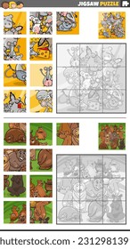 Cartoon illustration of educational jigsaw puzzle activities set with bears and mice animal characters group