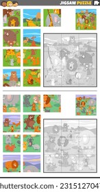 Cartoon illustration of educational jigsaw puzzle activities set with wild animal characters group