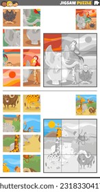 Cartoon illustration of educational jigsaw puzzle games set with wild animal characters group