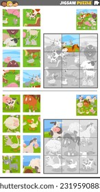 Cartoon illustration of educational jigsaw puzzle games set with farm animal characters group