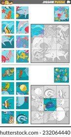 Cartoon illustration of educational jigsaw puzzle games set with marine animal characters group