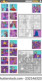 Cartoon illustration of educational jigsaw puzzle games set with clowns and fantasy characters group