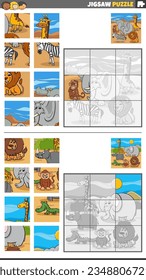 Cartoon illustration of educational jigsaw puzzle games set with wild animal characters