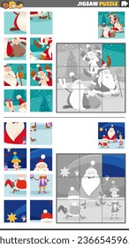 Cartoon illustration of educational jigsaw puzzle games set with Santa Clauses on Christmas time