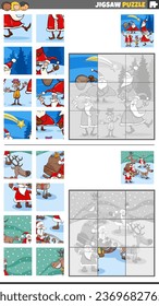 Cartoon illustration of educational jigsaw puzzle games set with Santa Clauses on Christmas time