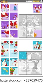 Cartoon illustration of educational jigsaw puzzle games set with Santa Clauses on Christmas time