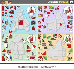 Cartoon illustration of educational jigsaw puzzle games set with Santa Clauses characters