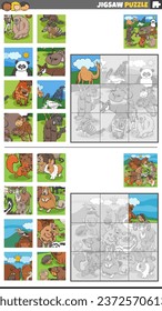 Cartoon illustration of educational jigsaw puzzle activities set with wild animal characters