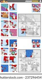 Cartoon illustration of educational jigsaw puzzle activities set with Santa Clauses on Christmas time