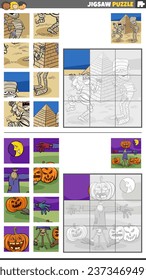 Cartoon illustration of educational jigsaw puzzle activities set with fantasy characters