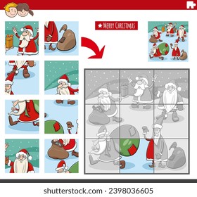 Cartoon illustration of educational jigsaw puzzle activity with Santa Clauses characters on Christmas time