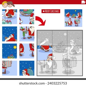 Cartoon illustration of educational jigsaw puzzle game with Santa Clauses characters on Christmas time