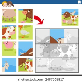 Cartoon illustration of educational jigsaw puzzle game for children with funny farm animal characters