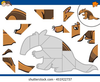 Cartoon Illustration of Educational Jigsaw Puzzle Activity for Preschool Children with Anteater Animal Character