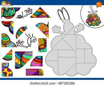 Cartoon Illustration of Educational Jigsaw Puzzle Activity Game for Children with Easter Bunny