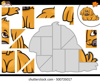 Cartoon Illustration of Educational Jigsaw Puzzle Activity for Children with Cute Dog Animal Character
