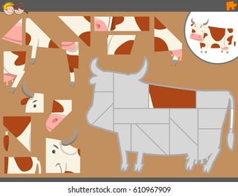 Cartoon Illustration of Educational Jigsaw Puzzle Game for Children with Cow Farm Animal Character