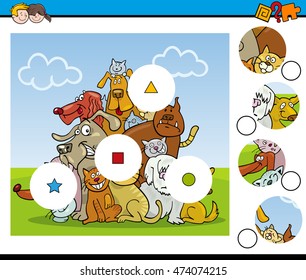 Cartoon Illustration of Educational Match the Elements Activity Task for Children with Dog Characters