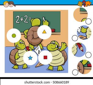 Cartoon Illustration of Educational Match the Elements Game for Children with Turtle Student Characters