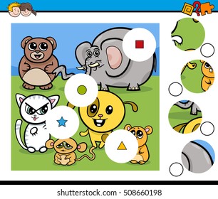 Cartoon Illustration of Educational Match the Elements Game for Children with Animal Characters