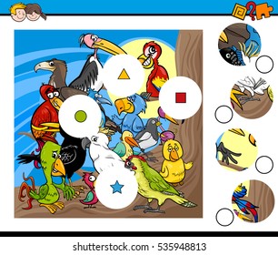 Cartoon Illustration of Educational Match the Elements Game for Children with Birds Animal Characters