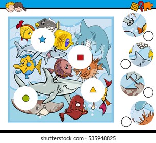 Cartoon Illustration of Educational Match the Elements Game for Children with Fish Sea Animal Characters