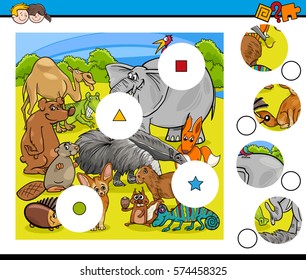 Cartoon Illustration of Educational Match the Elements Game for Children with Wild Animal Characters