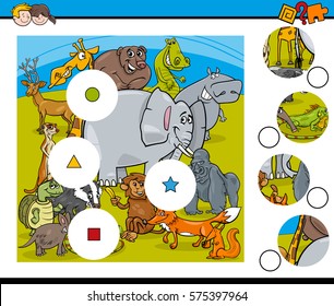 Cartoon Illustration of Educational Match the Elements Task for Children with Wild Animal Characters