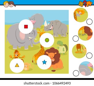 Cartoon Illustration of Educational Match the Pieces Jigsaw Puzzle Game for Children with Wild Animals Characters