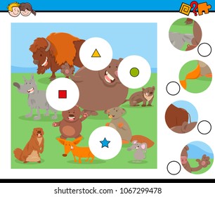 Cartoon Illustration of Educational Match the Pieces Jigsaw Puzzle Game for Children with Wild Mammals Animal Characters Group