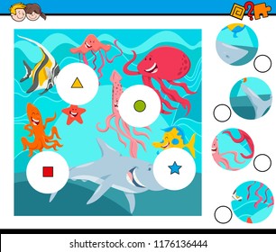 Cartoon Illustration of Educational Match the Pieces Jigsaw Puzzle Game for Children with Sea Life Animal Characters Group