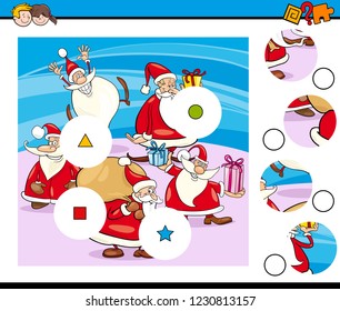 Cartoon Illustration of Educational Match the Pieces Jigsaw Puzzle for Kids with Santa Claus Characters