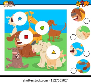 Cartoon Illustration of Educational Match the Pieces Jigsaw Puzzle Game for Children with Funny Dogs Animal Characters
