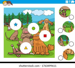 Cartoon Illustration of Educational Match the Pieces Jigsaw Puzzle Task for Kids with Funny Dogs Animal Characters Group