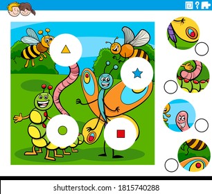 Cartoon Illustration of Educational Match the Pieces Jigsaw Puzzle Game for Children with Insects Animal Characters Group