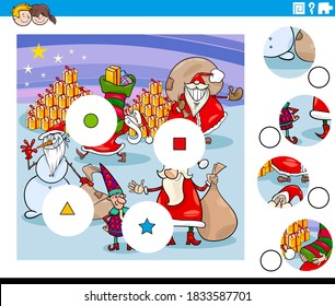 Cartoon Illustration of Educational Match the Pieces Jigsaw Puzzle Game for Children with Santa and Christmas Characters Group