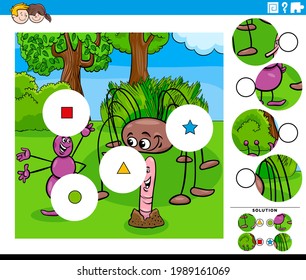 Cartoon illustration of educational match the pieces jigsaw puzzle task for children with funny insects animal characters group