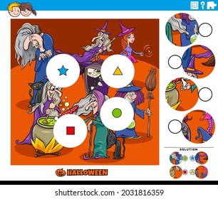 Cartoon illustration of educational match the pieces jigsaw puzzle task for children with witches Halloween characters group