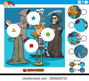 Cartoon illustration of educational match the pieces jigsaw puzzle task for children with spooky Halloween characters group