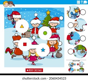 Cartoon illustration of educational match the pieces jigsaw puzzle task with children characters group on Christmas time