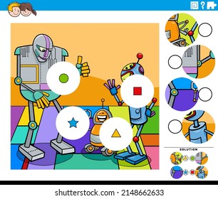 Cartoon illustration of educational match the pieces jigsaw puzzle game for children with comic robot characters group