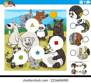 Cartoon illustration of educational match the pieces jigsaw puzzle game with funny bears animal characters