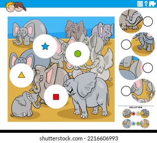 Cartoon illustration of educational match the pieces jigsaw puzzle game with funny elephants animal characters