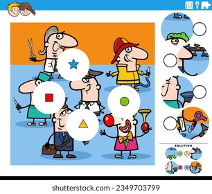 Cartoon illustration of educational match the pieces jigsaw puzzle task with funny people occupations