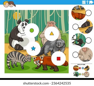 Cartoon illustration of educational match the pieces jigsaw puzzle game with animal characters svg