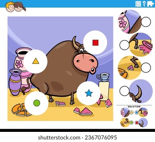 Cartoon illustration of educational match the pieces jigsaw puzzle game with bull in a china shop