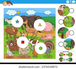 Cartoon illustration of educational match the pieces jigsaw puzzle activity with farm animal characters
