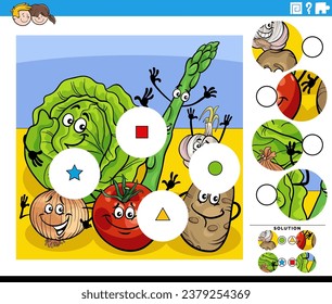 Cartoon illustration of educational match the pieces jigsaw puzzle activity with vegetable characters