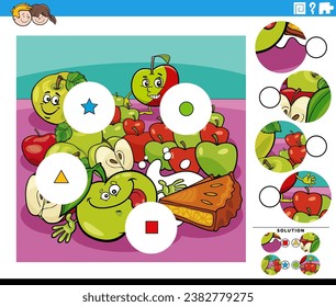 Cartoon illustration of educational match the pieces jigsaw puzzle activity with apples and apple pie