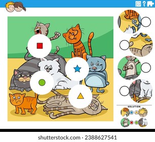 Cartoon illustration of educational match the pieces jigsaw puzzle game with funny cats and kittens animal characters